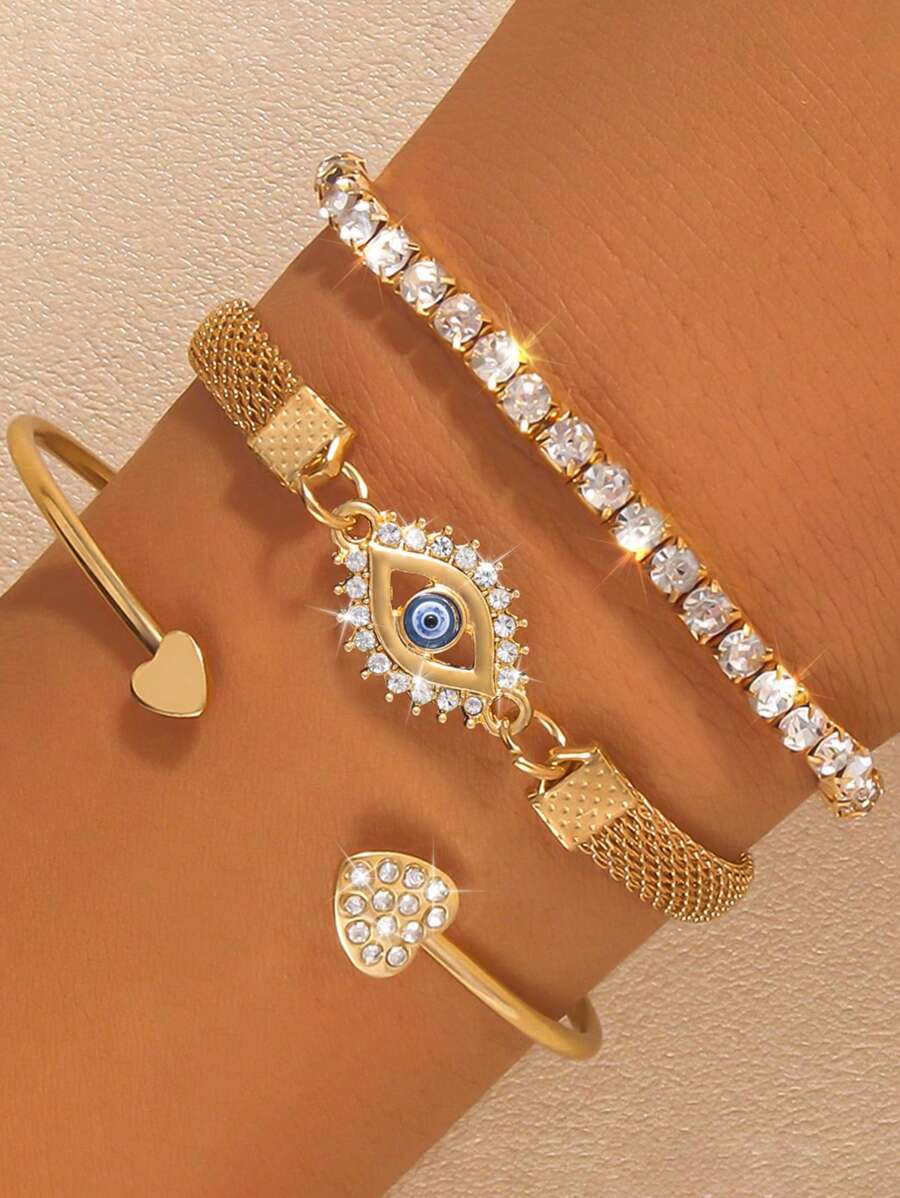 Set de 3 pulseras con diseño geométrico de ojo de demonio, adecuado para el uso diario de las mujeres, fiestas, joyas de multi capa vintage con cuentas como regalo