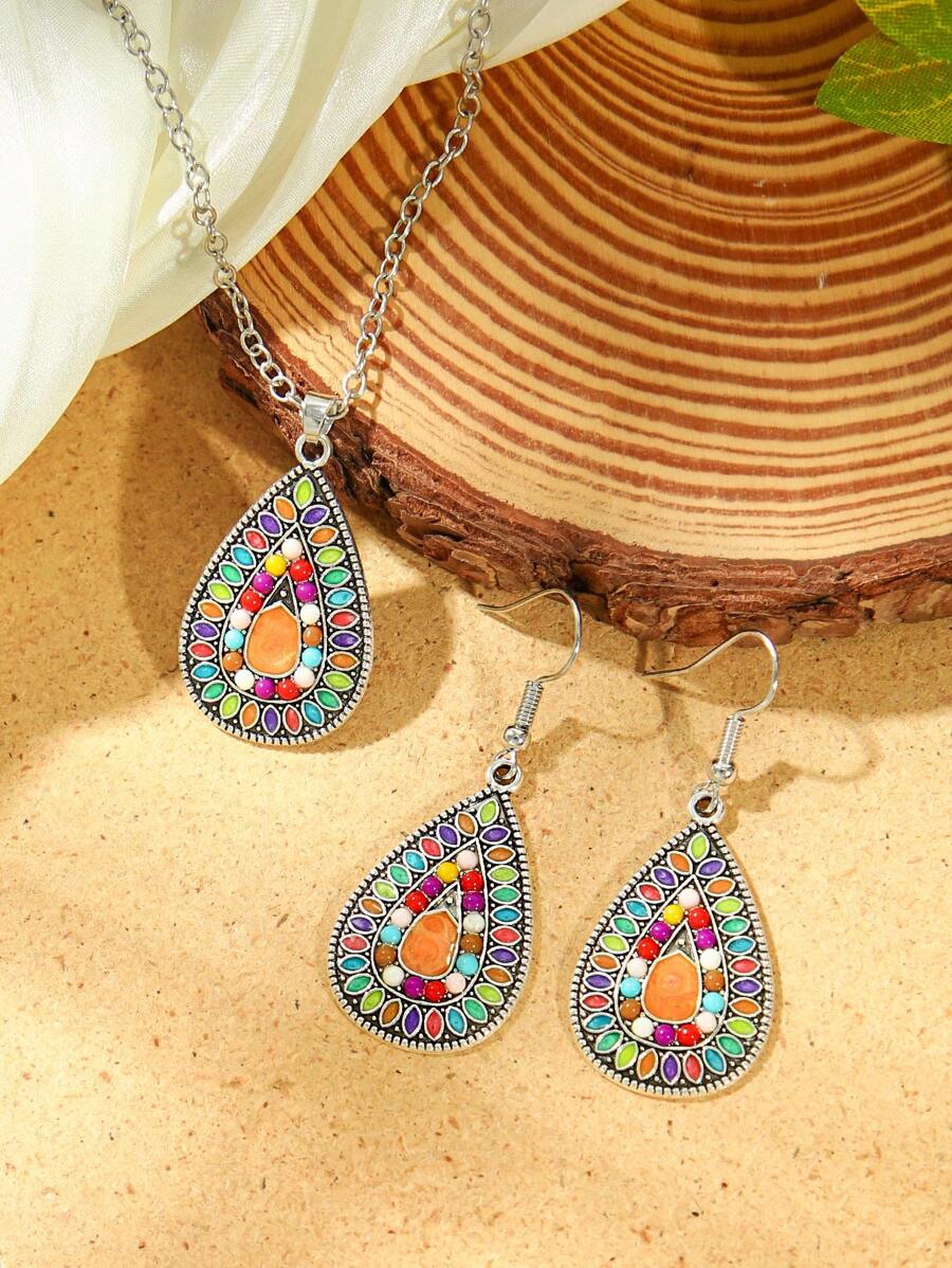 TopHanqi 3pcs Women Bohemian Vintage Jewelry Set, Geometric Teardrop Oil Drip Earrings & Beaded Pendant Necklace, Cute & Elegant, Suitable For Daily Wear, Parties, Gatherings, All Season Gift