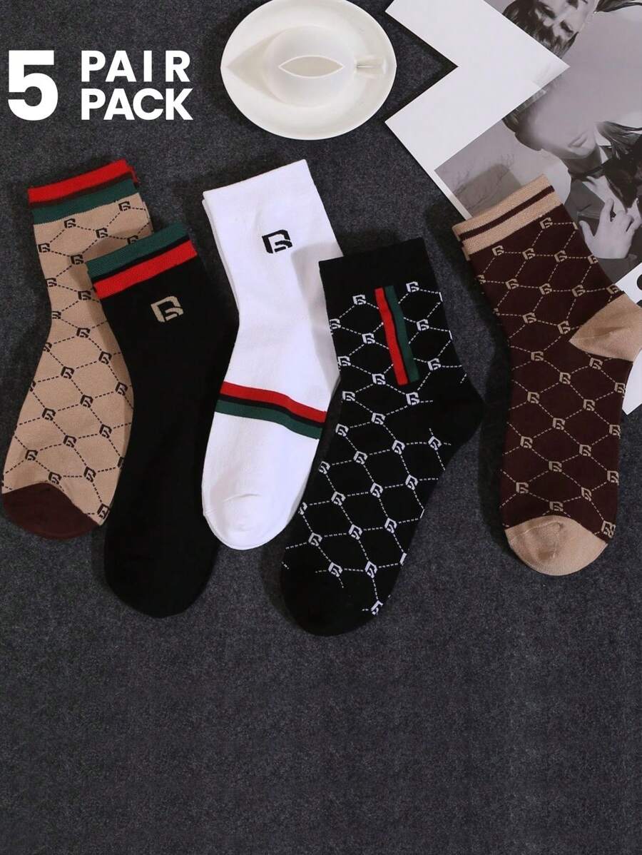 5 Pairs Women French Luxury Style Letter & Stripe Pattern Mid-Calf Socks, Versatile & Retro Fashion For Summer