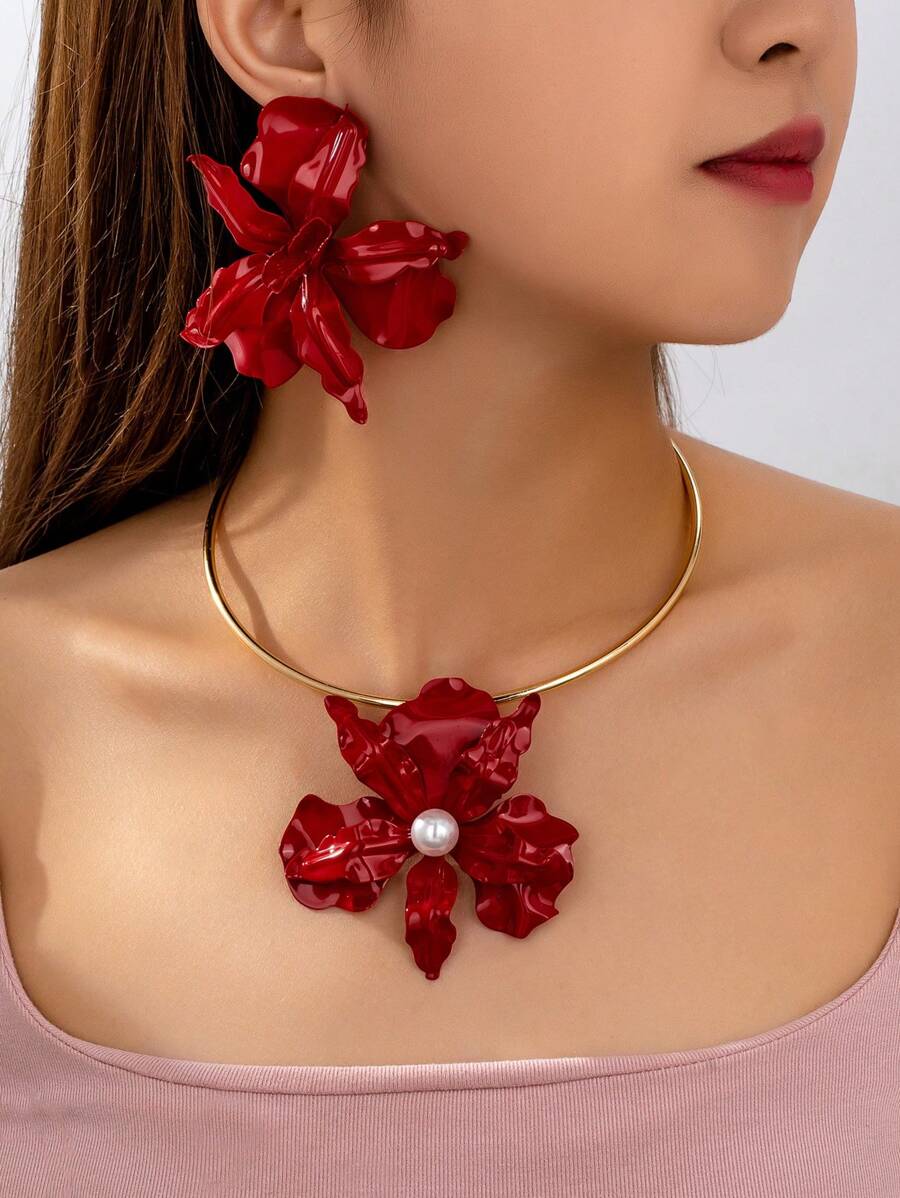 Conjunto de 3 peças de brincos e colares românticos e charmosos com flores vermelhas, conjunto de joias florais para mulheres, adequado para férias, festas, uso diário