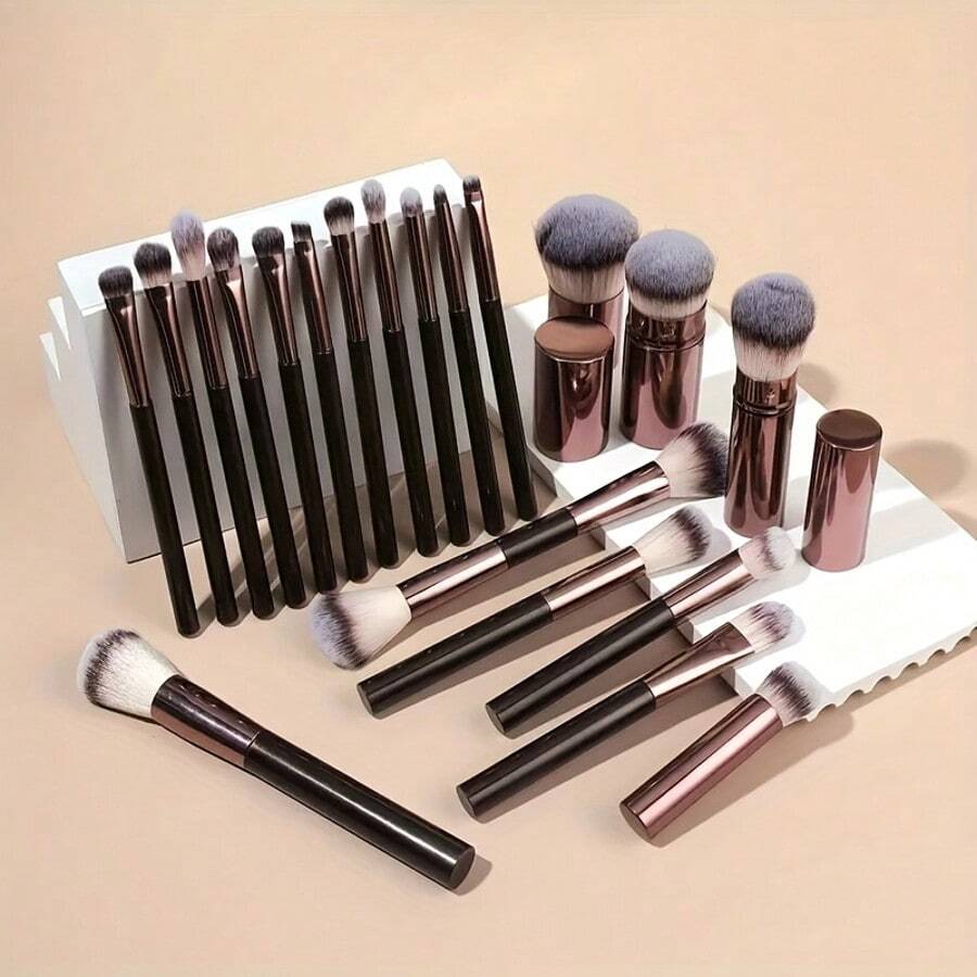 20pcs Professional Makeup Brush Set, With Aluminum Handles - Includes Foundation, Blending, Eyeshadow, Highlight, Concealer, Powder Brushes - Nylon Bristles, Fragrance-Free, Suitable For All Skin Types - Ideal Travel Kit And Gift For Women, Makeup Accessories