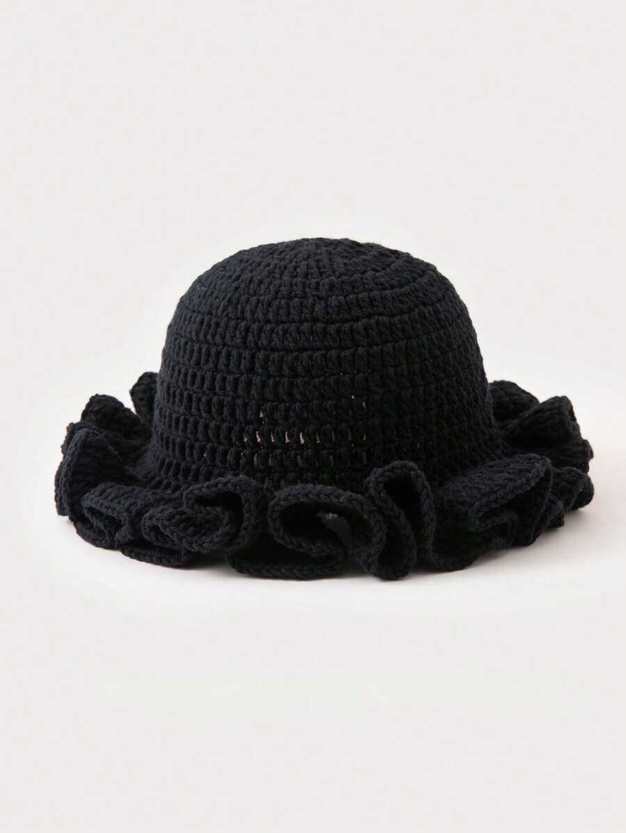 1 pièce Chapeau tricoté unicolore, Bonnet noir, Chapeau à volants rose rouge, Style bohème, Décontracté pour voyager