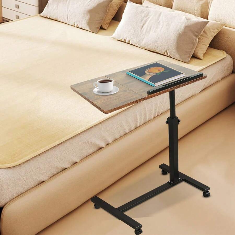 Table d'ordinateur avec Hauteur réglable et surface rotatif 360°, Table d'appoint roulante pour Ordinateur, Support laptop netbook avec 4 roulettes