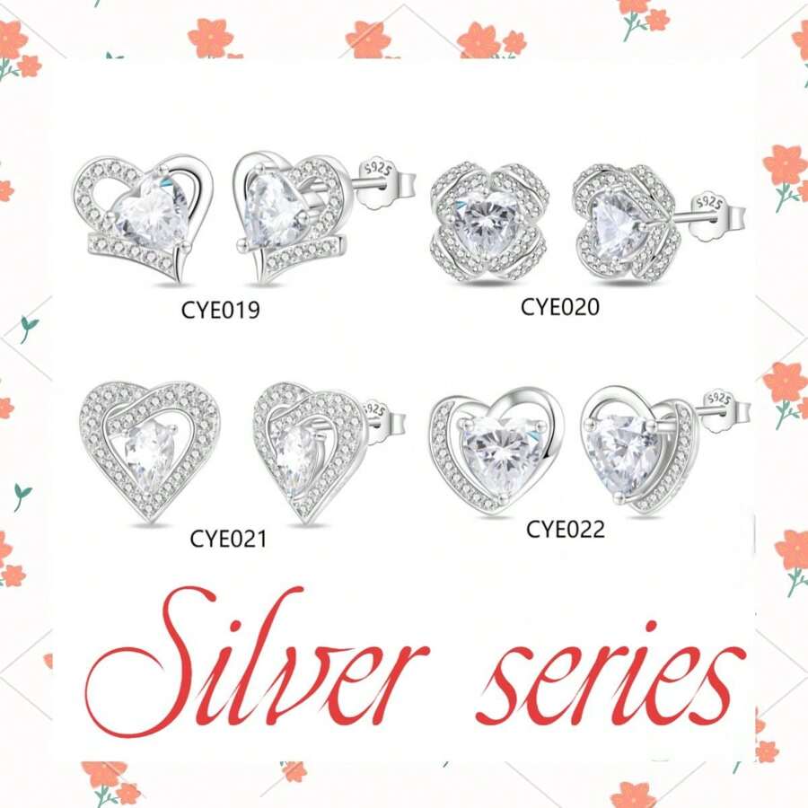 A Pair Of S925 Sterling Silver Diamond Stud Earrings Collection, The Diamond Of Love: Sterling Silver And Diamond Stud Earrings Fashion Collection