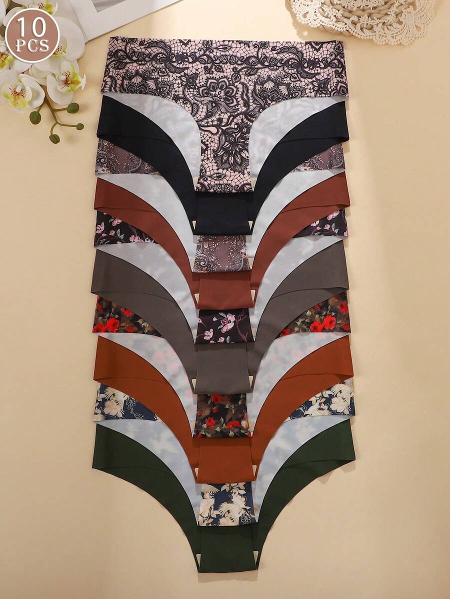 10 piezas Bragas triangulares de mujer con estampado floral sin costuras, ropa interior femenina cómoda y casual