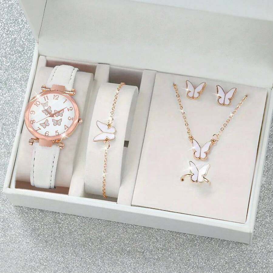 6 pièces Montres pour femmes, cadran simple avec chiffres et aiguilles papillon, montre à quartz ronde. Ensemble de montres, collier, bracelet, bague, boucles d'oreilles. Cadeau pour fête, mariage, vacances à la plage, Saint-Valentin