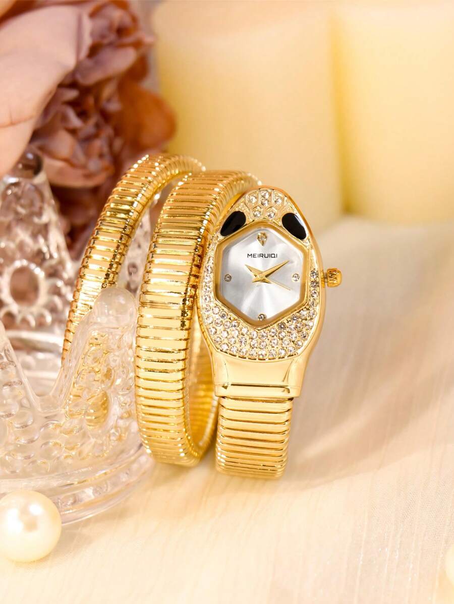 1 pieza Reloj de cuarzo con correa de acero dorado con diseño de serpiente, adecuado para uso diario y fiestas