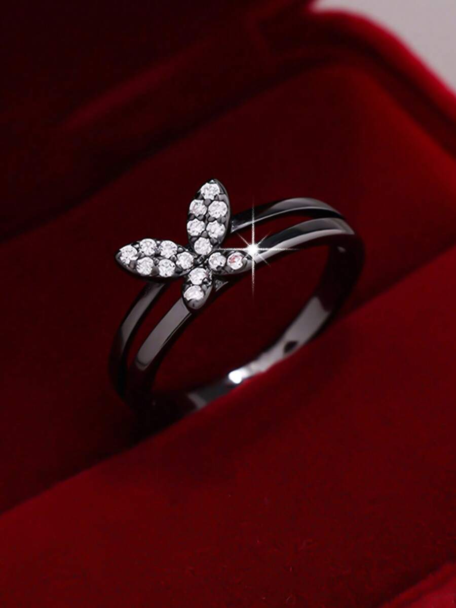 1 pieza Elegante y glamoroso anillo de mujer con diseño de mariposa de doble capa en circonita cúbica, regalo para el Día de la Madre
