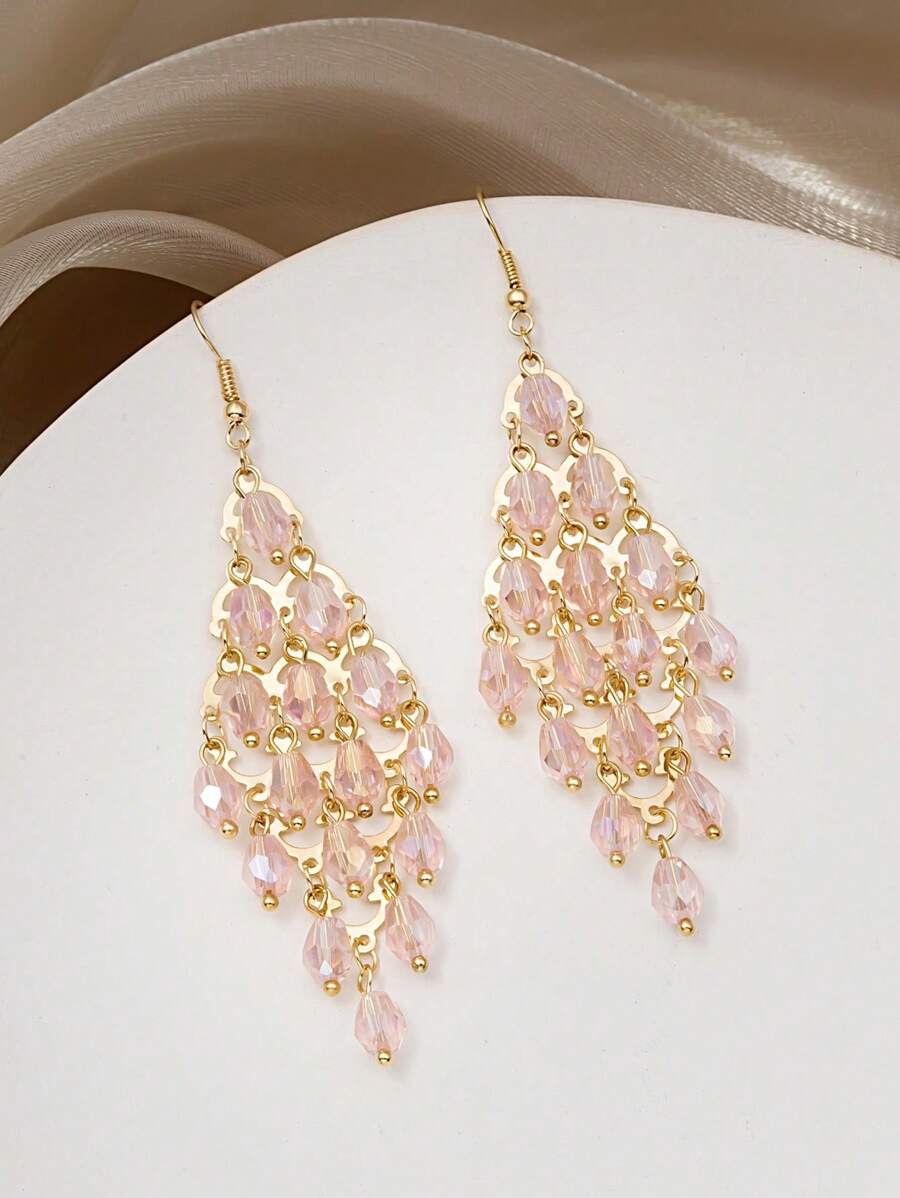 1 Pair Bohemian Elegant Crystal Long Tassel Earrings For Women, 925 Silver Pin, Suitable As Gift For Friends And Travel In Spring/Summer