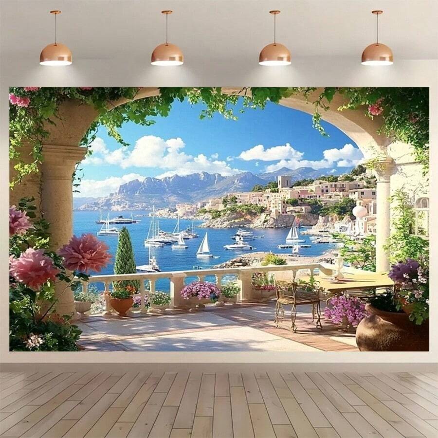 1pc Mediterranean Coast Photography Background - Vibrant Polyester Wall Decor With Scenic Coastal Landscape, Suitable For Indoor/Outdoor Party, Home Decor, Studio Props - No Power Required, Coastal Home Decor