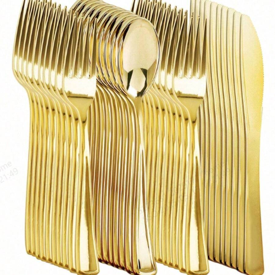 10/25/50/100 Pcs Gold Stainless Steel/Plastic Reusable Cutlery Set, Includes Cake/Salad Forks, Spoons, Knives, Dishwasher Safe Flatware For Home, Restaurant, Wedding, Outdoor, Birthday, Party, Holiday