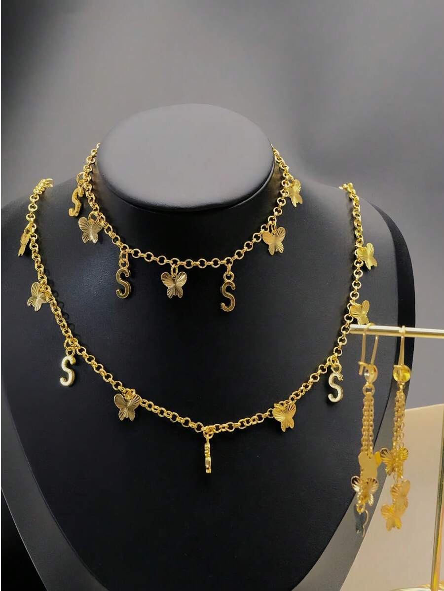 Set minimalista nuovo stile francese con ciondolo a forma di farfalla, lettera S e cerchio, composto da collana, bracciale e orecchini, 3 pezzi