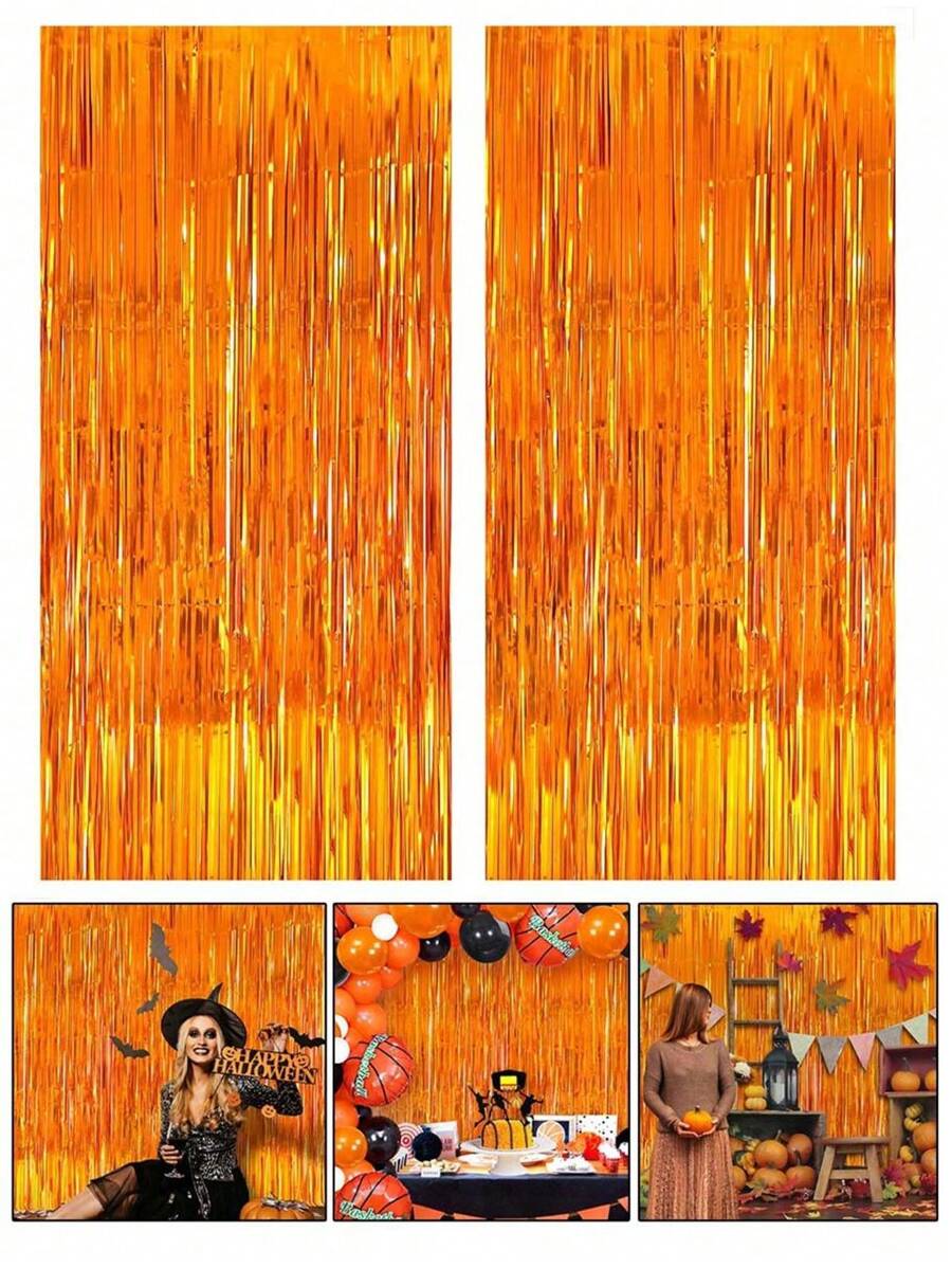 2/1pc Orange Tinsel Curtain, Autumn Streamer Back To School Graduation Decor, Halloween Thanksgiving Birthday Party Background, Photo Booth Prop