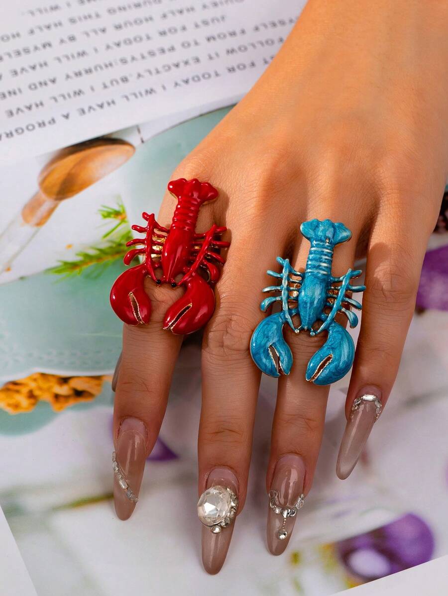 1 pièce Bague à motif homard émaillé, bague au thème marin d'été, crustacé, bijoux de plage, accessoires de vacances bord de mer pour femmes
