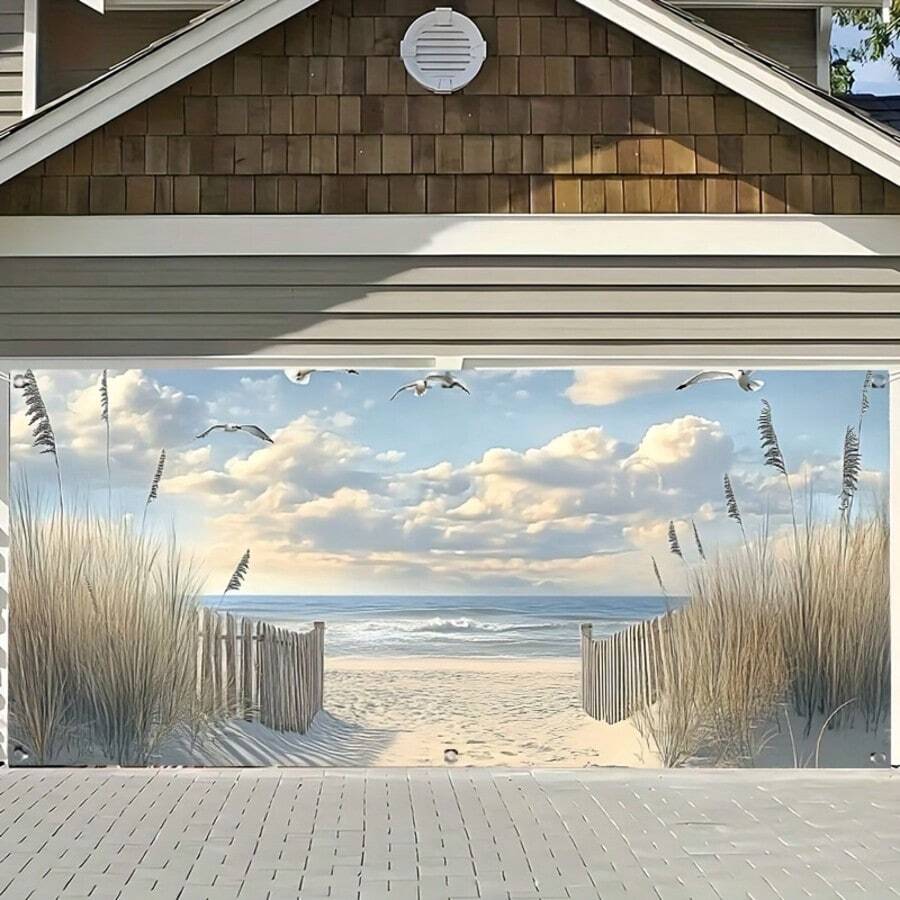 2D Banner, 1pc Beach Scenery Background - No Electricity Required, Vibrant Coastal Landscape With Birds And Clouds, Suitable For Winter Holidays, New Year Parties, Garage Door Decor, Indoor/Outdoor Use, Beach Decor, Festival Party Decor, Beach Entrance, Easy Installation Background