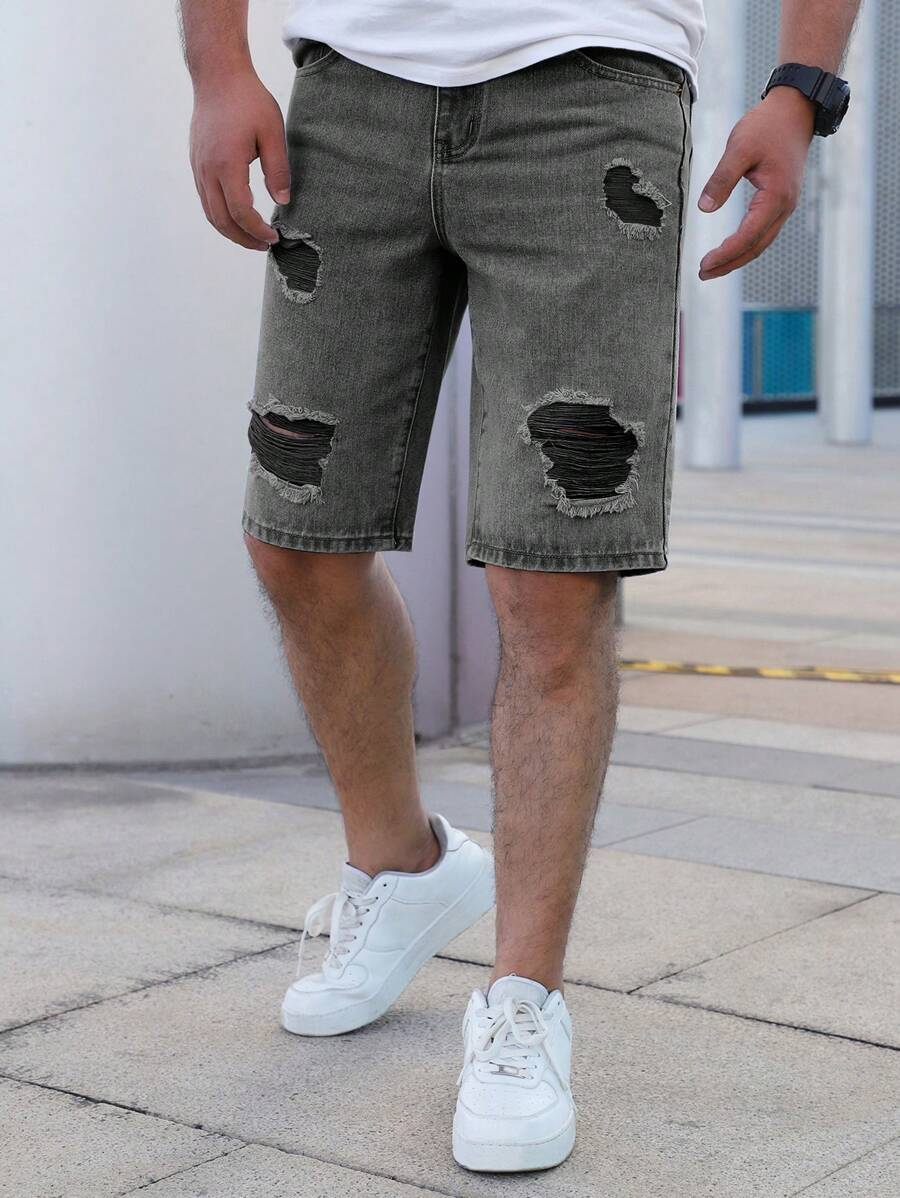 Men's Solid Color Casual Versatile Ripped Denim Shorts, Summer