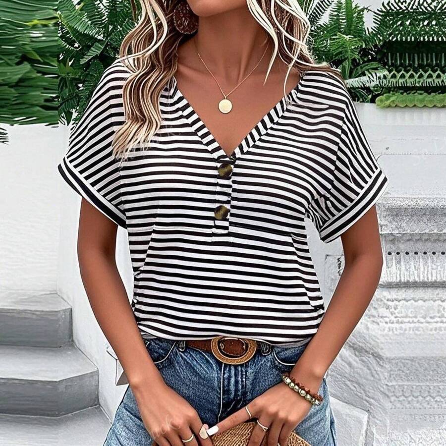 Contrast Black & White Stripe Button V-Neck Short Sleeve Blouse