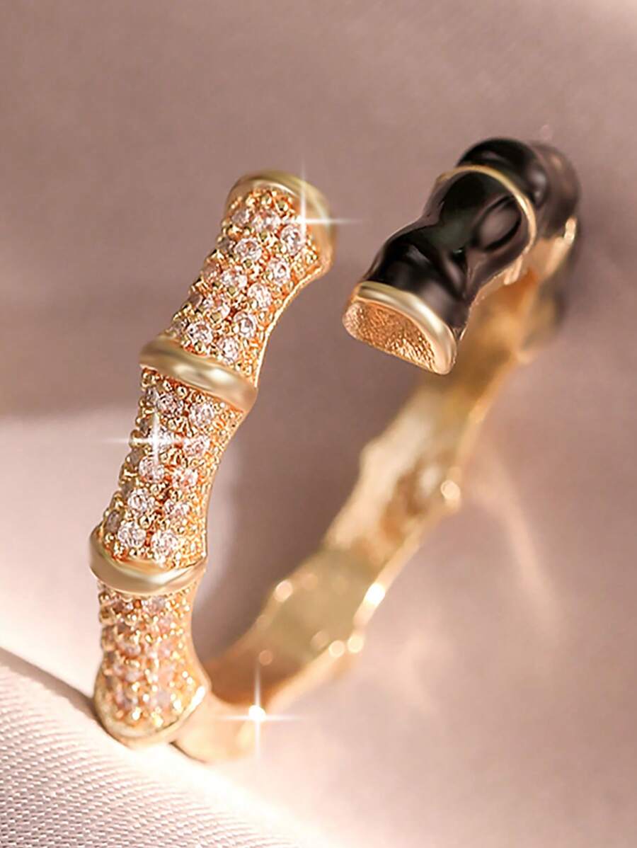 1 Peça Anel de Par Aberta Criativa com Zircônia Cúbica em Juntas Elegantes de Bambu, Anel de Noivado e Casamento para Mulheres, Presente Diário de Decoração para Formatura