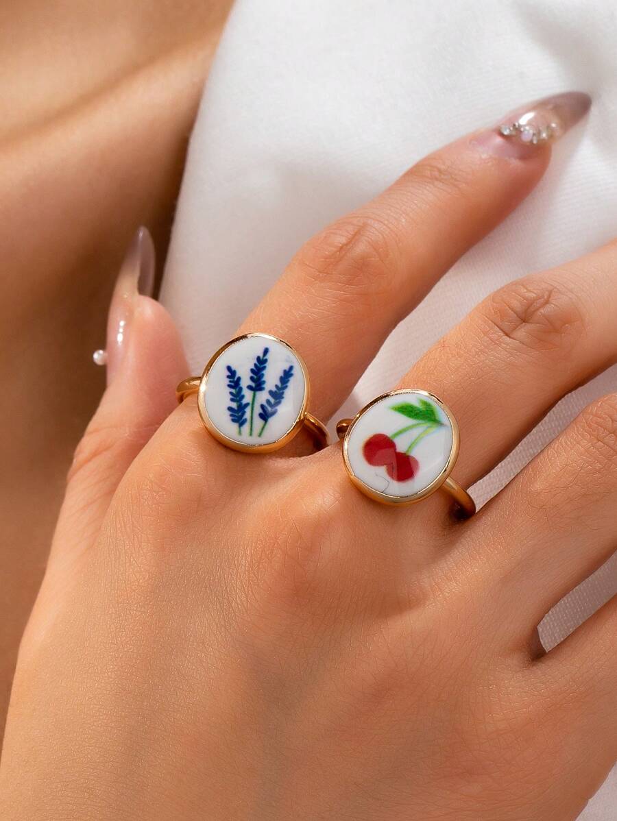 Bague en céramique imprimée cerise pour femme, bijou de déclaration, motif floral printanier