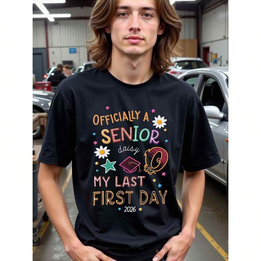 New 1pc Natee Officially A Senior 2026: My Last First Day Daisy Graduation T-Shirt, 100% Fabric, , Crew Neck, Short Sleeve, Regular Fit, Weekend Casual Wear, Spring Summer All-Season Casual Wear, 180gsm, Ideal For Easter New Year's Day Father's Day Christmas, Dad Gifts For Best Choice