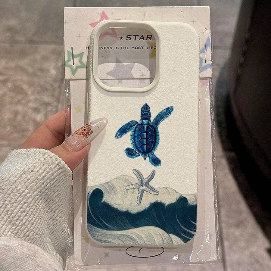 1 pieza Funda de teléfono con patrón de olas oceánicas, tortugas marinas y estrellas de mar, de material de TPU con diseño vintage, compatible con iPhone//Redmi