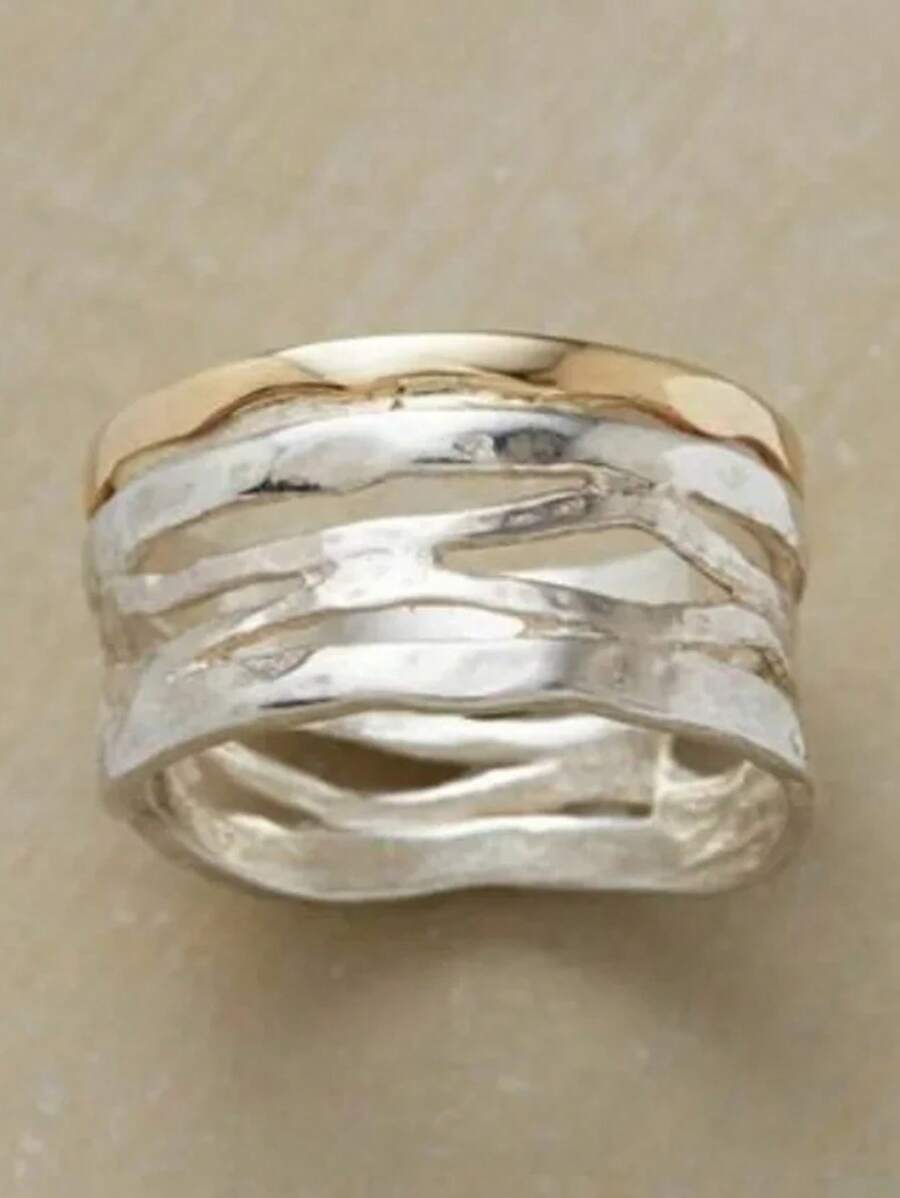 1 pieza Nuevo anillo de dos colores retro bohemio para hombres, hueco y ancho, simple y de moda, adecuado para regalos de joyas de uso en fiestas para parejas