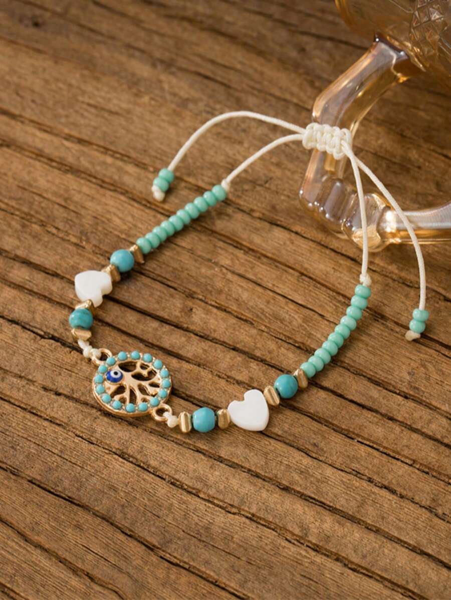 Pulseira ajustável estilo boêmio verde menta com pingente de coração, árvore da vida, acessório versátil para praia/férias