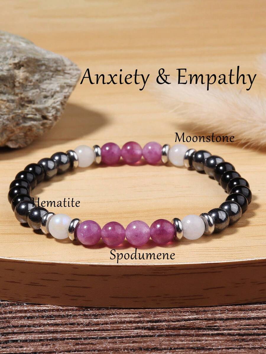 YAUKIA Bracelet de perles de 6 mm en pierre de lune spodumène tourmaline noire hématite. Bijou en pierres naturelles pour guérison émotionnelle, méditation, nouveaux départs et bonne chance. Cadeau pour femmes et hommes.