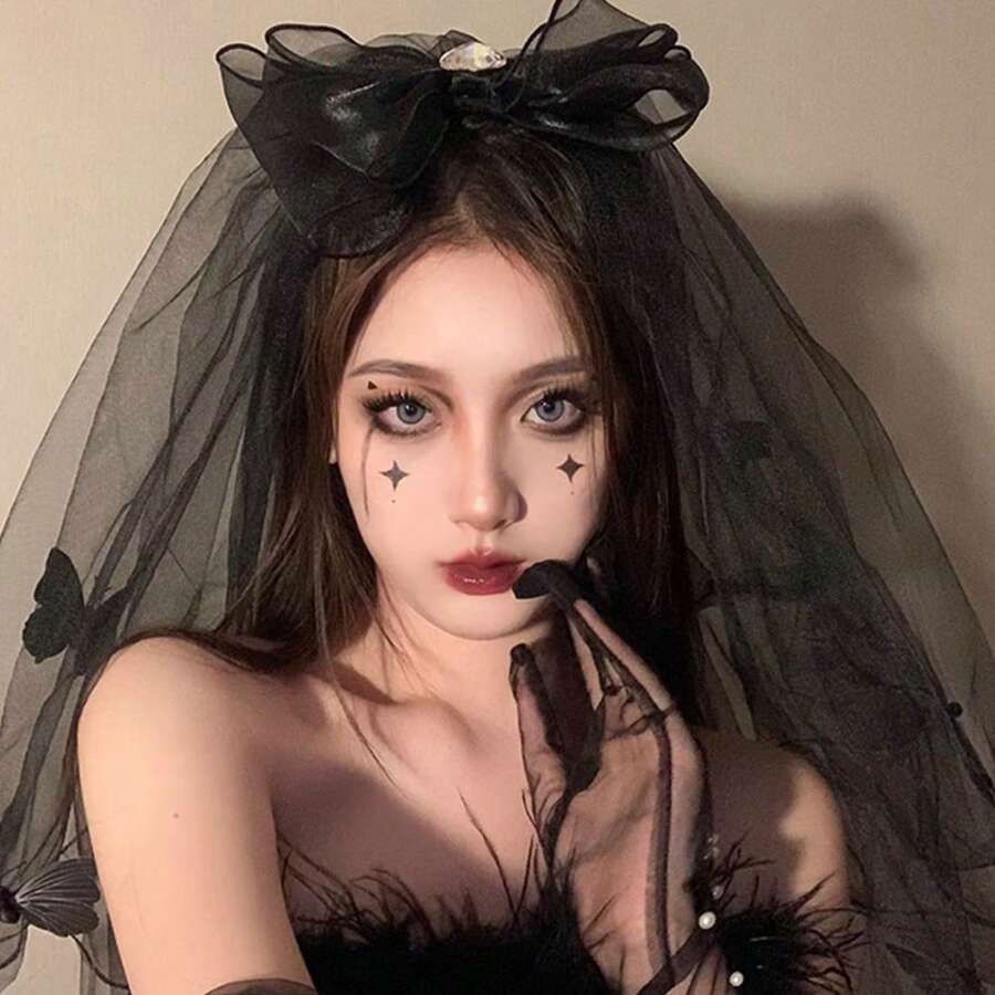 1 Stück Halloween Geist Braut Schleier, Schwarzes Hochzeitskleid, Haarschmuck mit Schleife, lustiger Cosplay Kopfschmuck