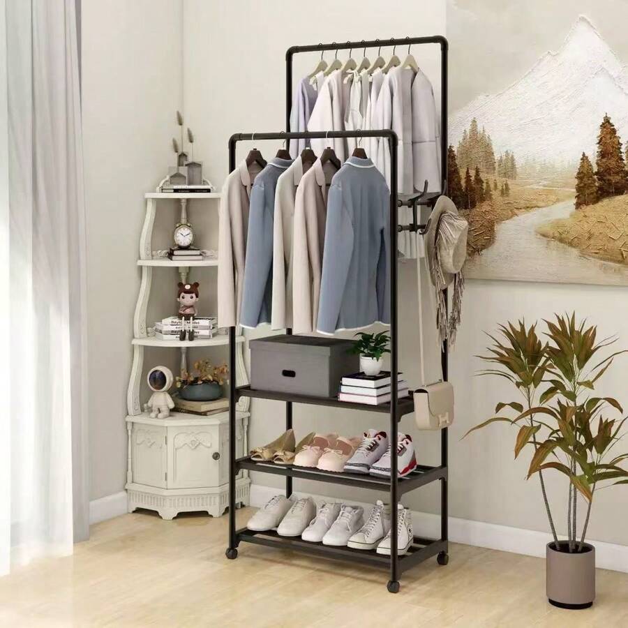 1pc New Movable Double Rod Clothes Coat Rack, Standing Multi-Layer Garment Hanger For Bedroom, Dorm, Rented House, Holds Clothes, Hats, Bags & Shoes