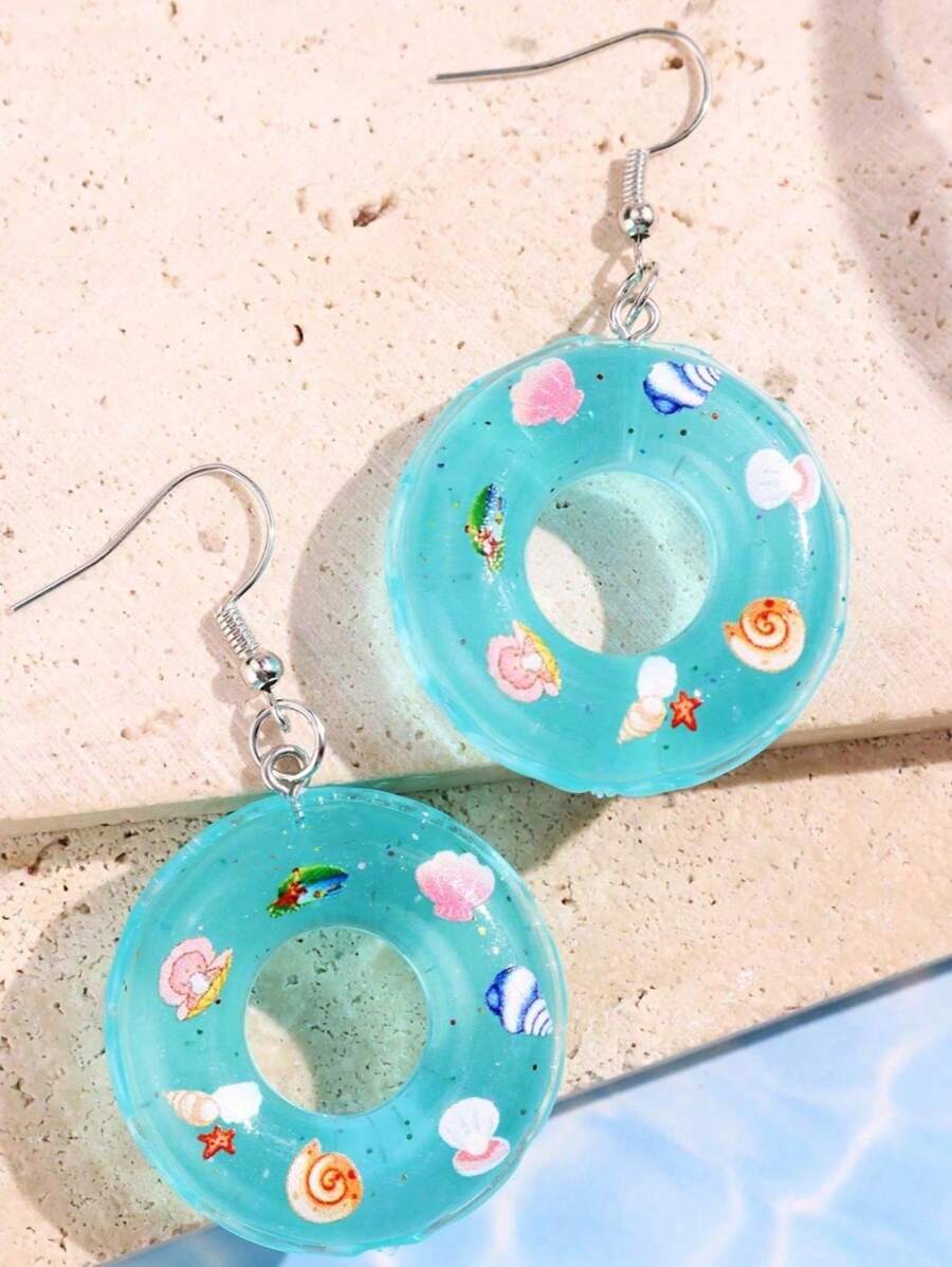 1 par de aretes con forma de aro de natación azul mini creativos y lindos para mujeres, joyería para playa/vacaciones (con decoración aleatoria de brillo en el interior)