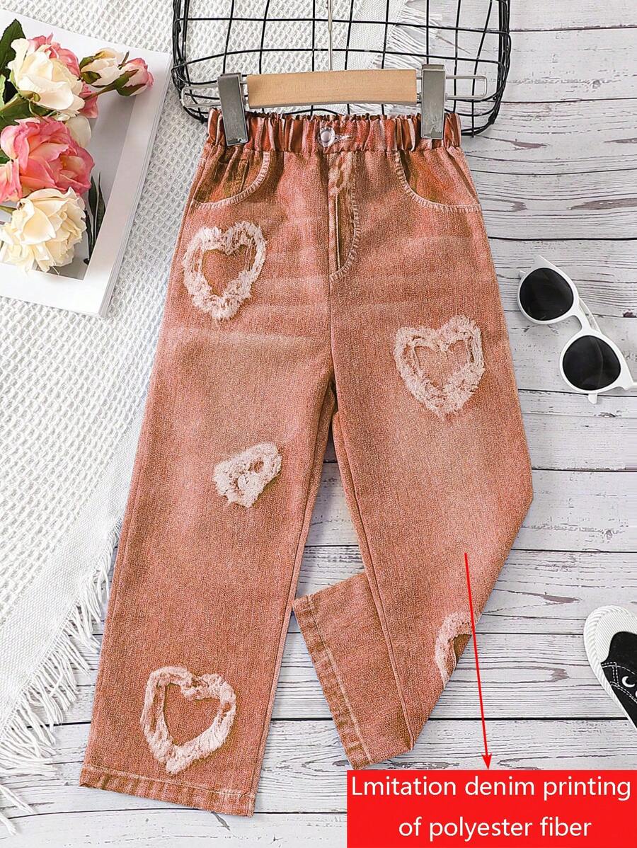 Summer Girls Casual Heart Print Pants (Not Denim Material)