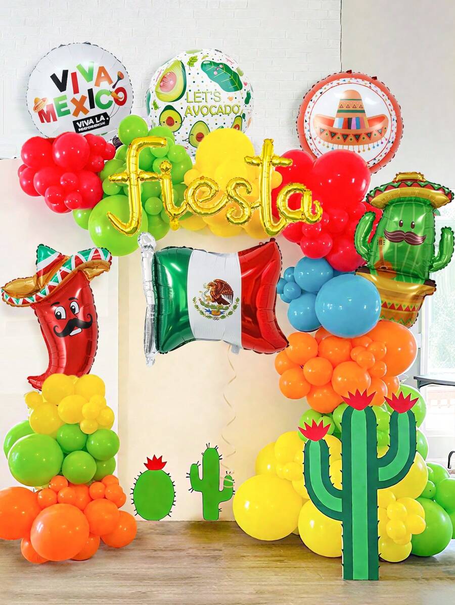 7pcs Mexican Fiesta Balloon Party Decorations Including Gold Fiesta Banner, Cactuses, Chilies, Sombrero, Avocado Balloons