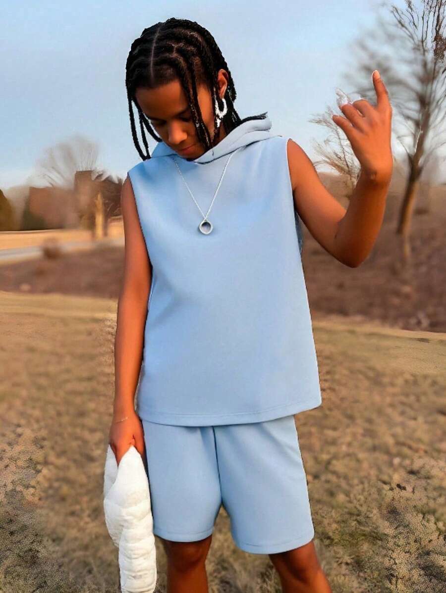 Conjunto de 2 peças de moletom com capuz e regata para treino casual para meninos/adolescentes + shorts soltos lisos, primavera/verão