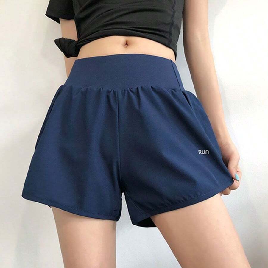 1pc Women High Waist Elastic Waistband Pocket Graphic Letter Design Polyester Yoga Sports Shorts