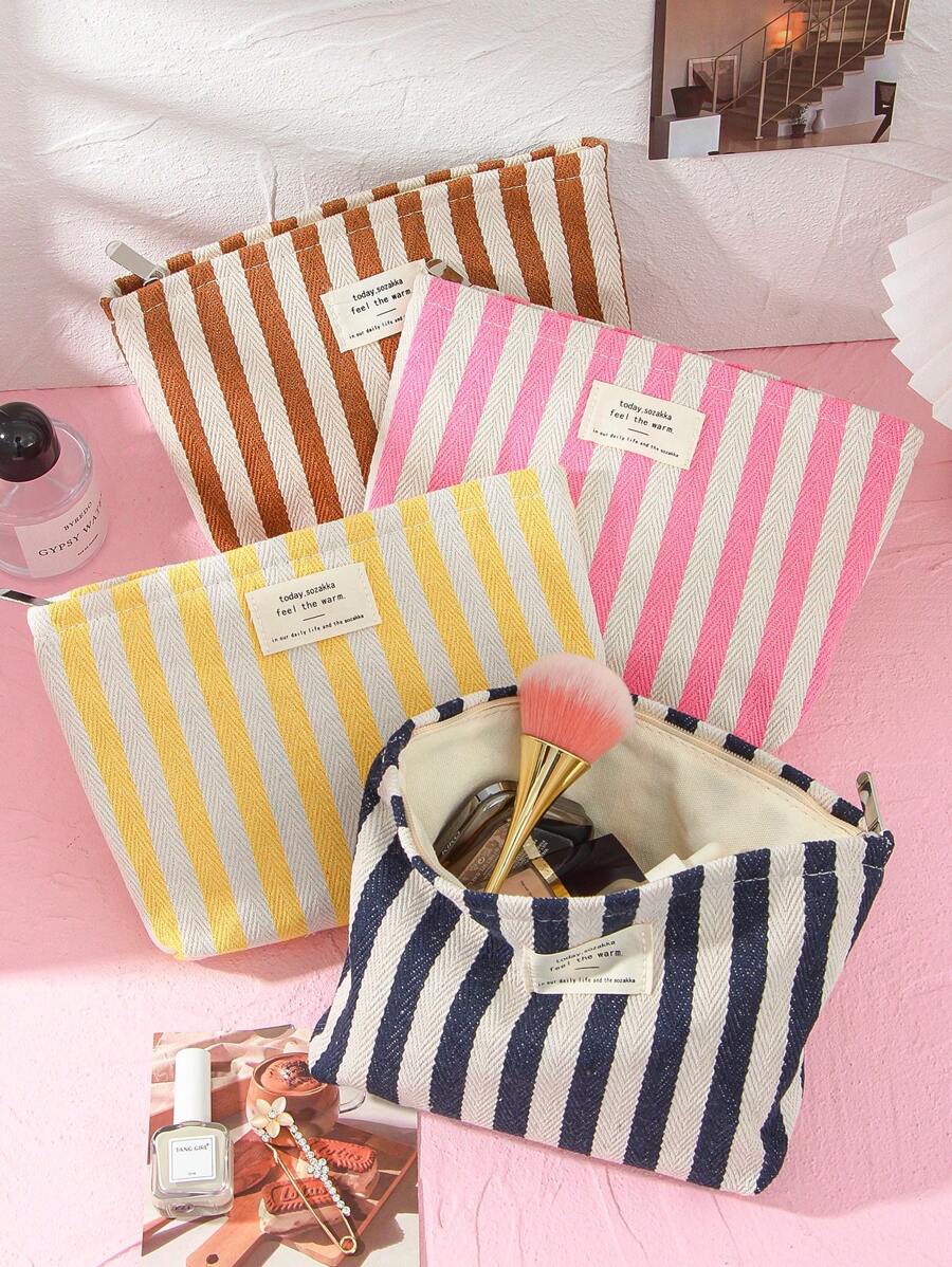 1Pc Stripe Canvas Makeup Bag Stripe Cosmetic Bag Waterproof Women'S Cosmetic Bag Portable Canvas Travel Toiletries Storage Bags Makeup Case Clutch Purse Handbags Small Bag Storage Makeup Case,Travelling Bags For Ladies,Pencil Case Daily Big Large Capacity Makeup Brushes Travel Toiletry Bag Organizer Make Up Bag Makeup Bag Storage Makeup Organizer Makeup Case Makeup Travel Toiletry Organizer Essentials Gifts Storage Zipper Accessories Nail
