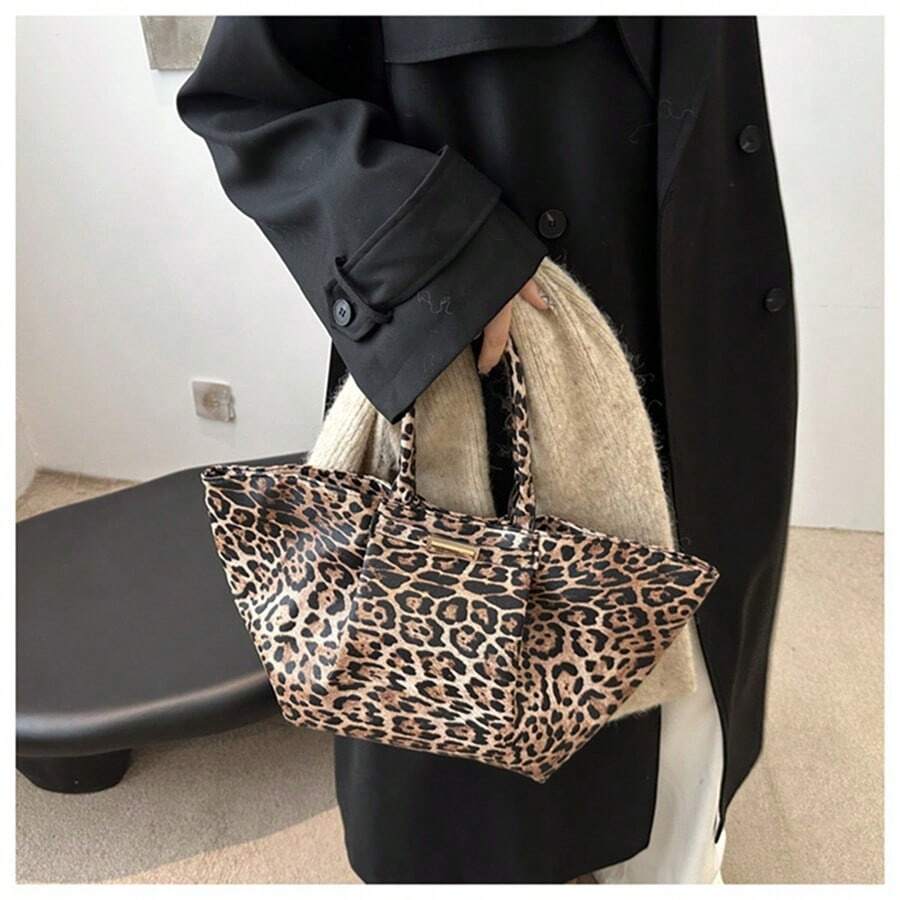 Borsa vintage con stampa leopardata, design di nicchia, grande capacità, borsa per la spesa, borsa da donna
