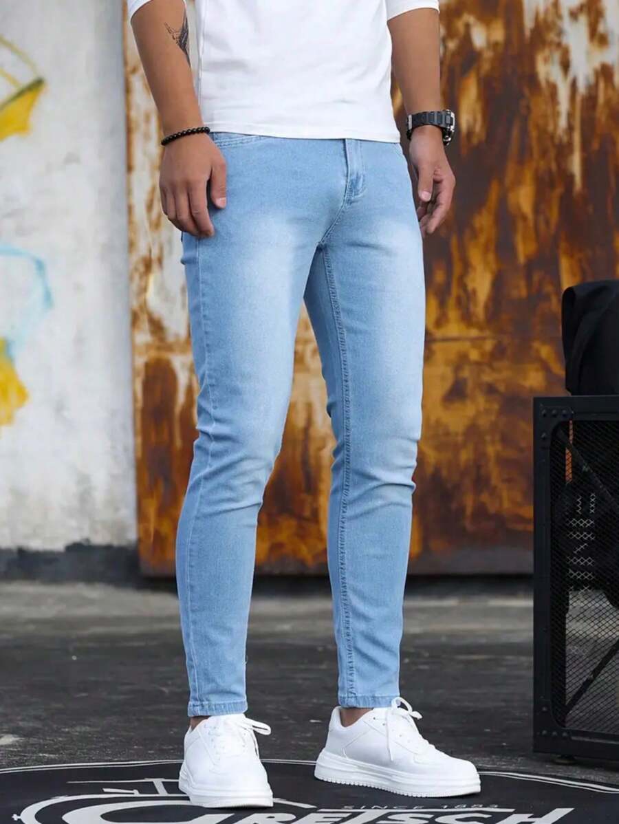 1pc Men Skinny Distressed Denim Jeans, Elastic Breathable Casual Cargo Pants With Pockets, Solid Color Suitable For Urban Walking, Family Outdoor Activities, All Season