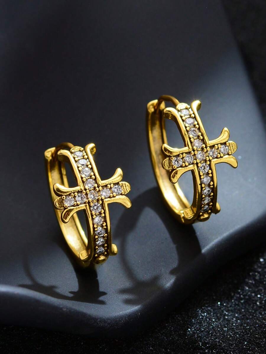 1 Pair Vintage Zirconia Inlaid Cross Design Punk Style Earrings For Women