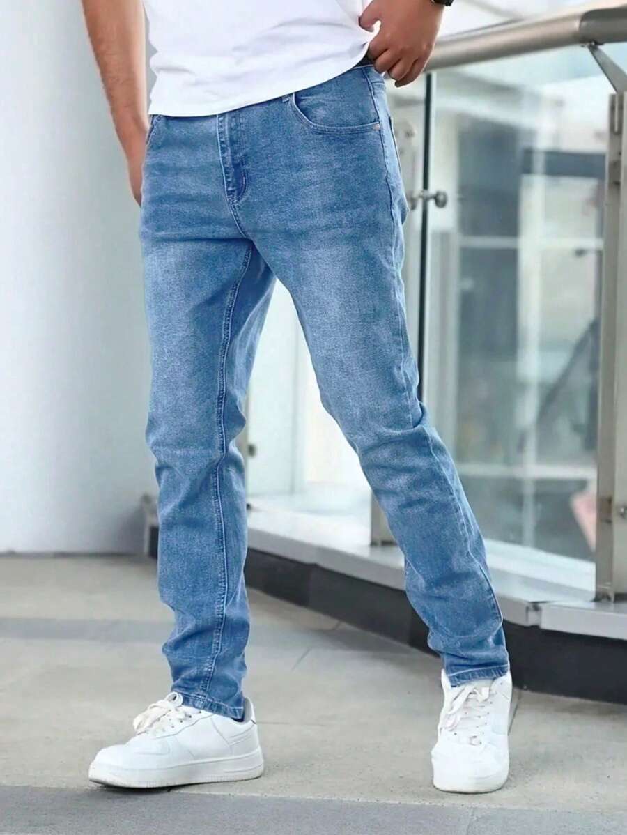 Regular Fit Men Classic Denim Jeans - Soft Slight Stretch Fabric, Washed Solid Color, All-Season Comfortable Basics For Teen - Woven, No Sheer, Regular Length