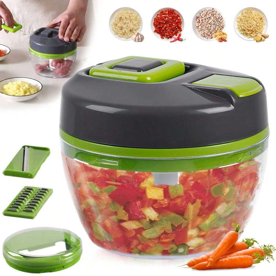 Procesador de alimentos manual 3 en 1, picadora, cortadora de vegetales para cebollas, ajo, frutas y nueces, con cuchilla de corte de tiras accionada a mano