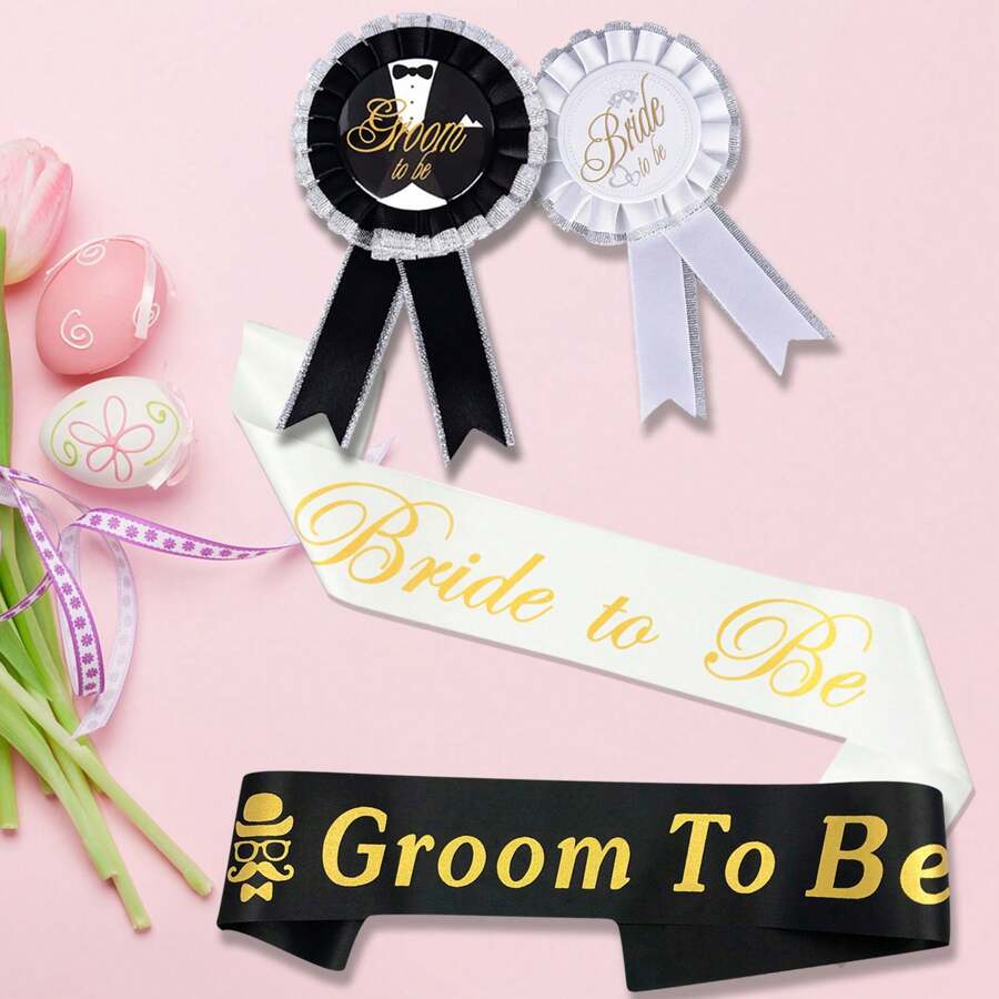 4pcs Groom & Bride Wedding Party Decoration Set, Including Shoulder Strap Badge, Ceremonial Attire Accessory, Wedding Event Costume Party Supplies