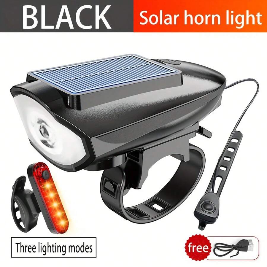 Luz delantera de bicicleta solar con bocina, resistente al agua IPX4, iluminación para montar en bicicleta de montaña por la noche, recargable por USB