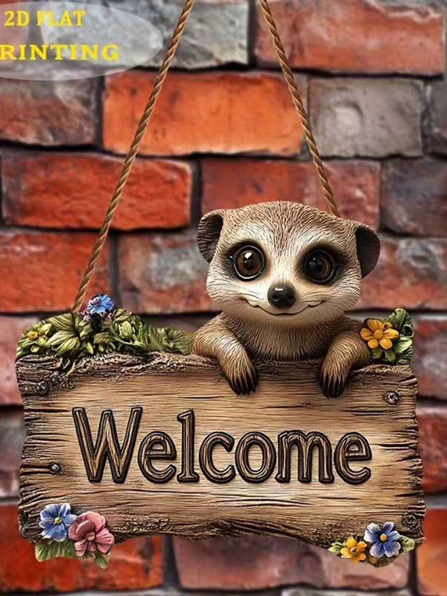 1 Stück Erdmännchen-förmiges 2D flaches Holz Willkommensschild (25 x 22,4 cm), Schild, Erdmännchen Holzschild, Wanddekoration, Heimdekoration, Gartendekoration, geeignet für Veranda, Terrasse, Heim-Dekoration, Gastronomie, Bar oder Café, im Vintage-Holz-Stil