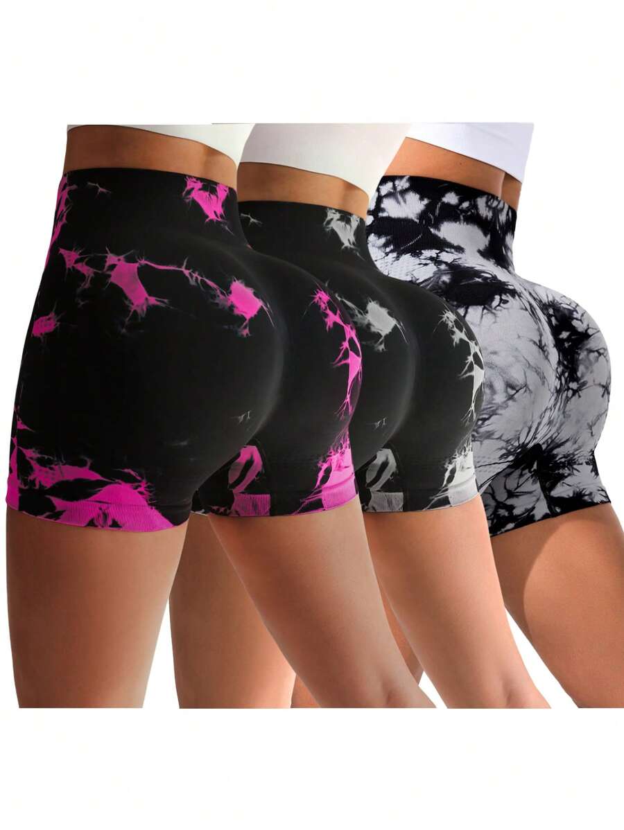 3pcs Women Seamless Tie-Dye Athletic Shorts, Versatile For Outdoor Workout & Everyday