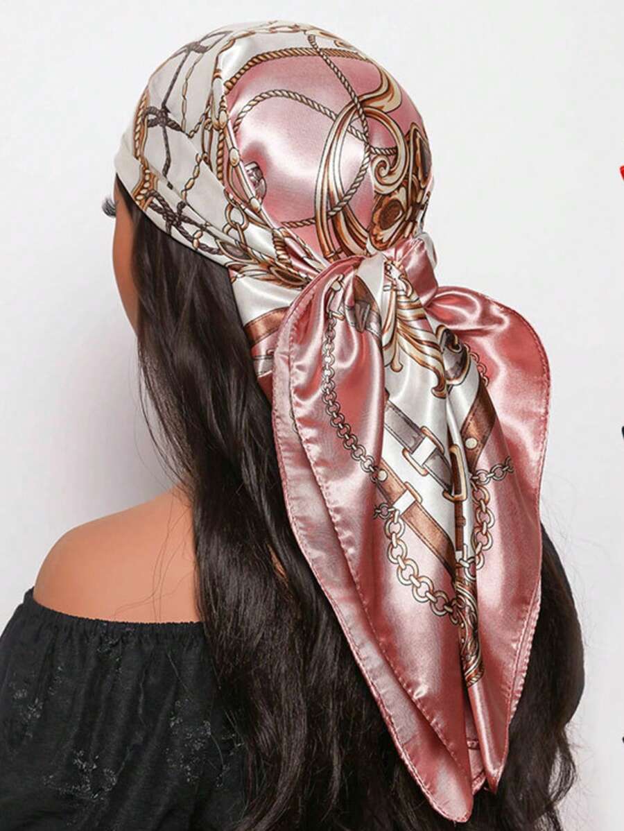 1 Piece Ladies Light Pink Printed Satin Square Silk Scarf Fashion Outdoor Headband Hair Towel Suitable For Spring And Summer Season