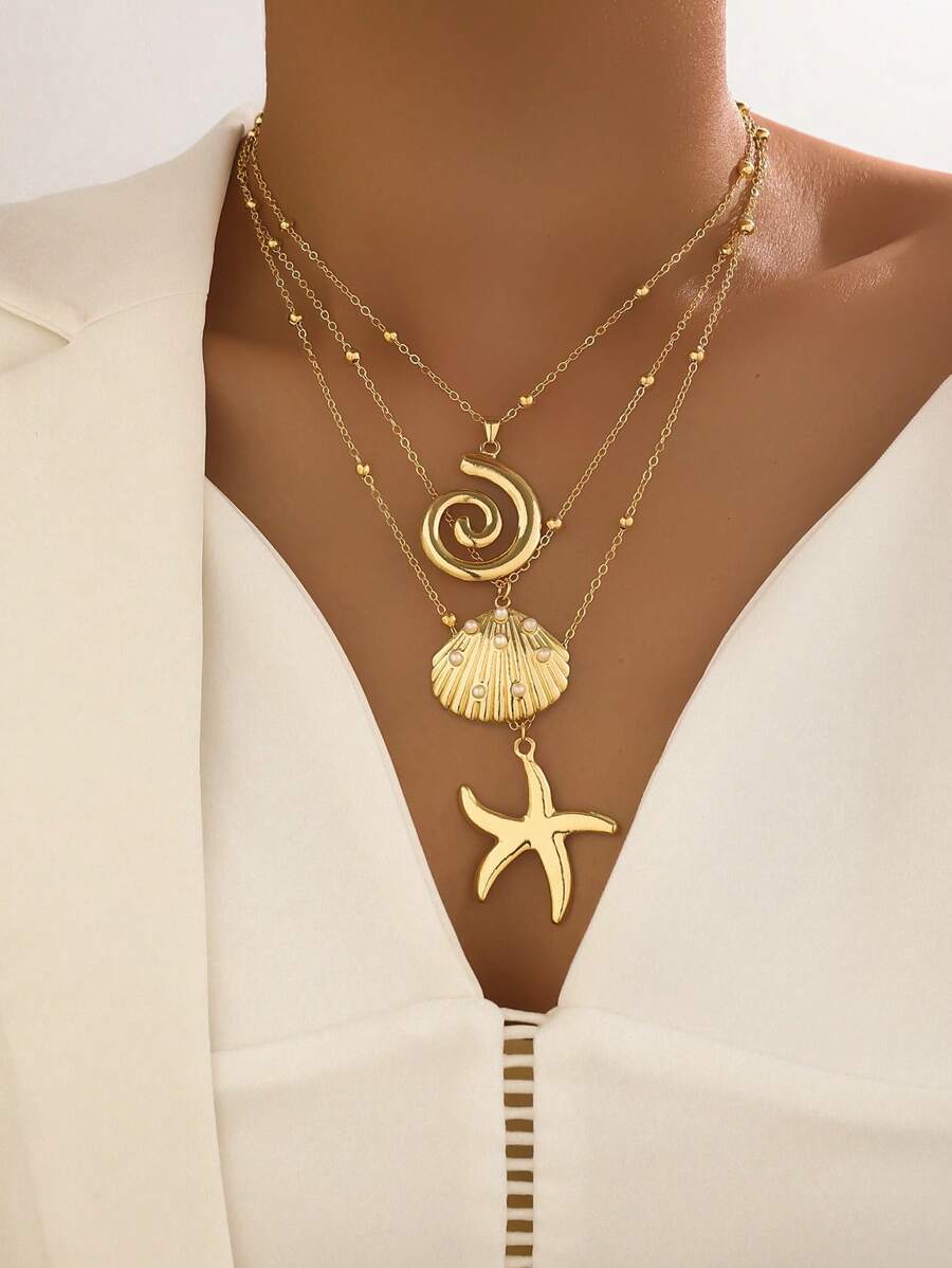 3pcs Ocean Vacation Style Waves, Starfish, Pearl & Shell Decor Multilayer Necklace, Vintage Fashion For Women