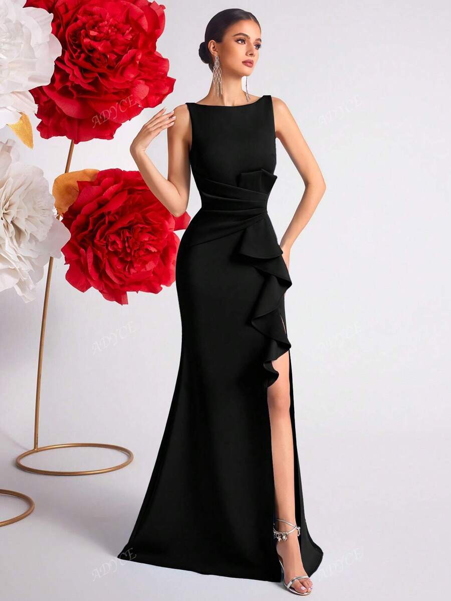ADYCE Vestito da cocktail/sera con vita alta, arricciature sul davanti, spacco e schienale aperto