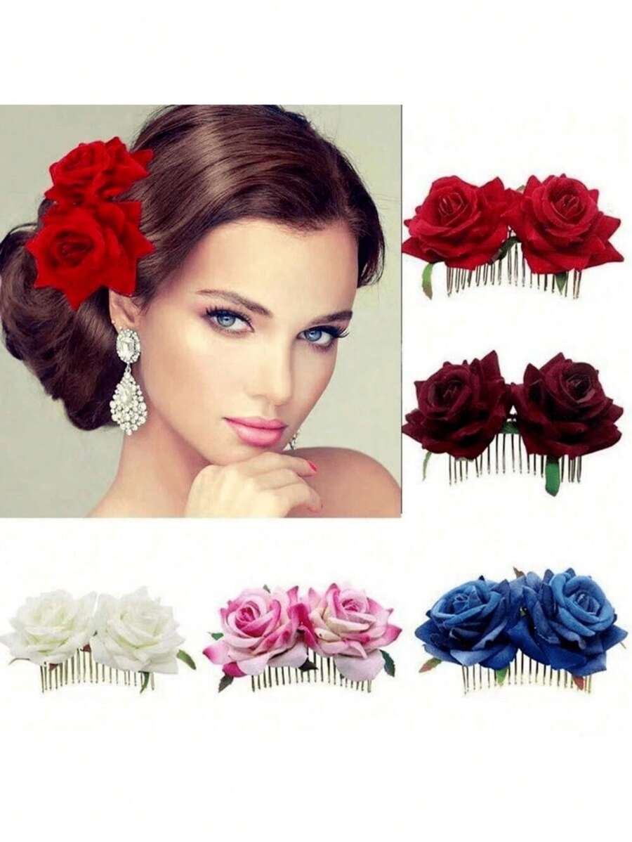 Pettine per capelli da sposa con rose di stoffa vellutata, accessorio per capelli con doppia rosa, per pettinatura raccolta, adatto per San Valentino, pettini per capelli laterali