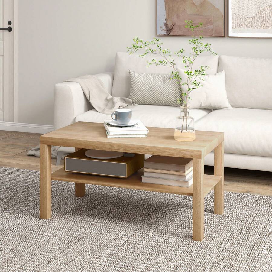 HOMCOM HOMCOM Classic Rectangular Coffee Table With Large Wooden Storage Shelf, Modern Sofa Coffee Table For Living Room And Office, 90x45x44.5 Cm, Natural Wood
